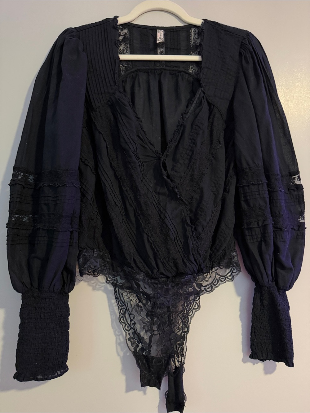Free People Black Lace-Trim Surplice Bodysuit
